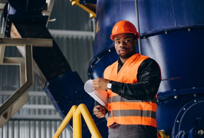 African american worker standing in uniform wearing a safety hat in a factory