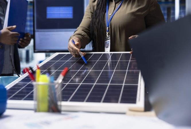 Shareholders meet with industrial plant manager to review solar panel components, analyzing material quality. Photovoltaics factory management executive presents solar panel features to investors