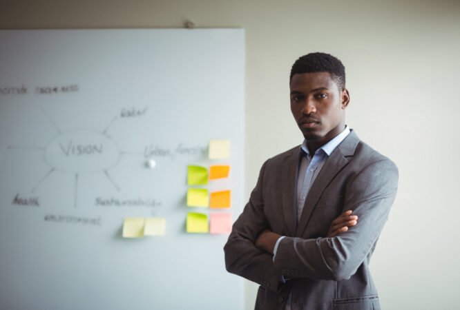 Portrait of businessman standing with arms crossed in office