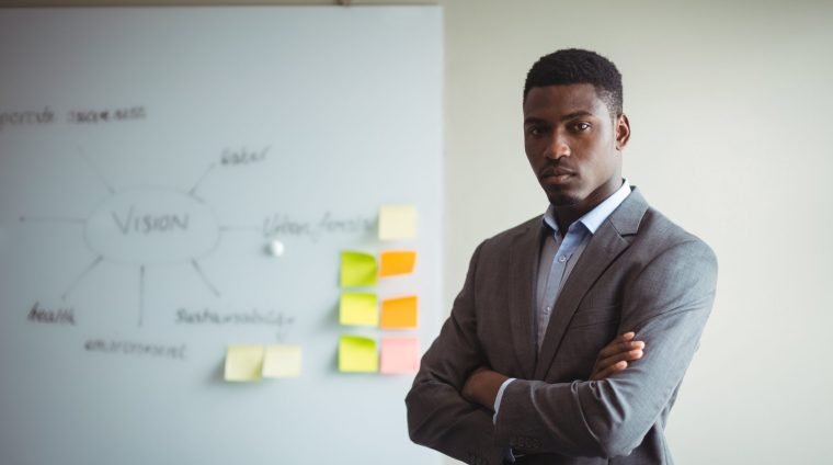 Portrait of businessman standing with arms crossed in office